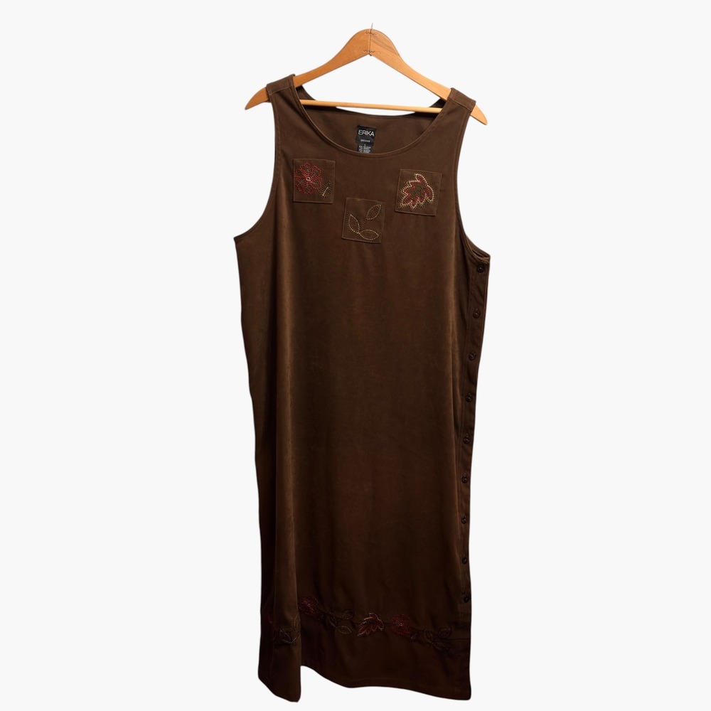Erika Brown Faux Suede Embroidered Leaf Jumper Dress Sleeveless Large Modest